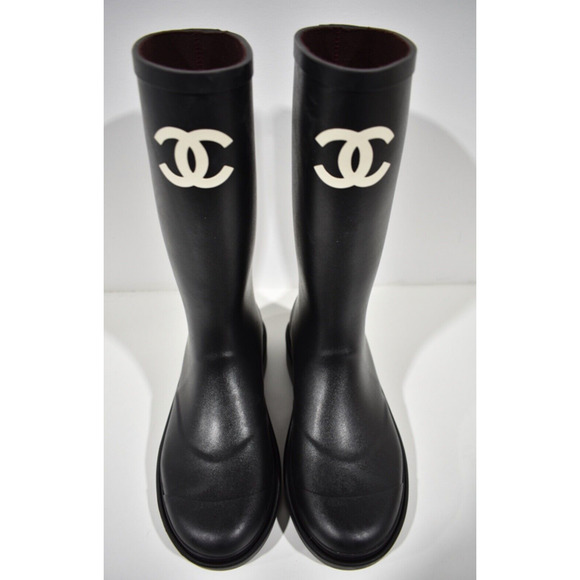 Chanel REV Black White Caoutchouc CC Logo High Pull On Rubber Rain Boots 39 - Picture 7 of 12